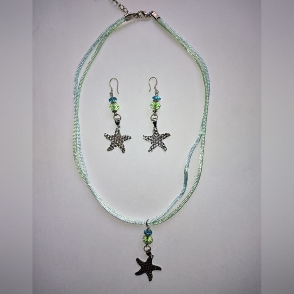 Handcrafted Starfish Jewelry Set Coastal Core Mermaid Core Silver Blue Green